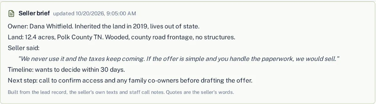 A seller brief: who owns the land, what the seller said, their timeline and the next step